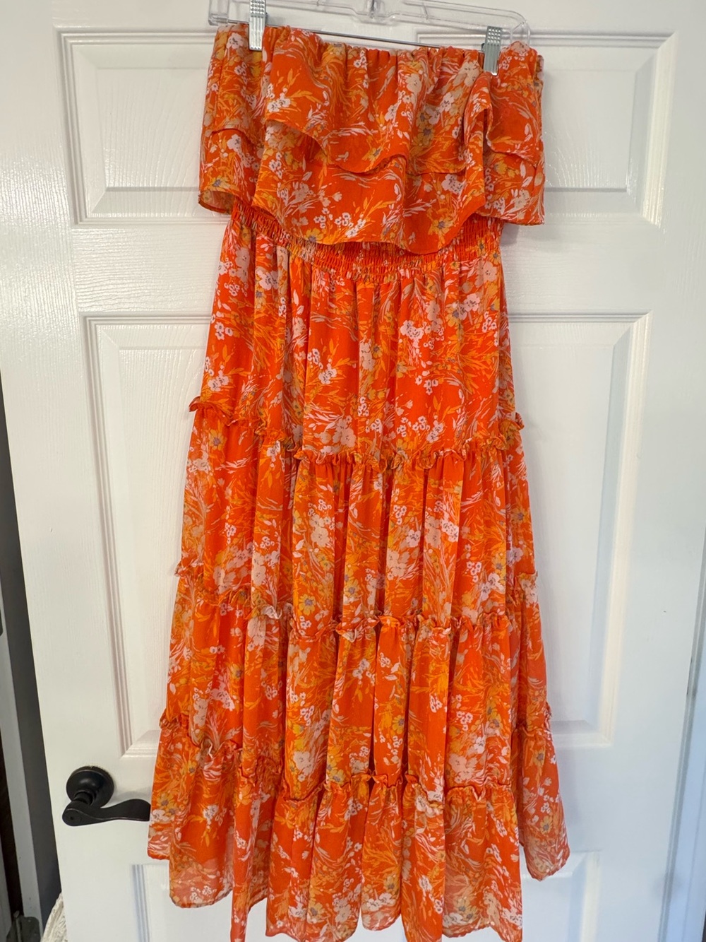 1. State Orange Floral Off-Shoulder Tiered Maxi Dress